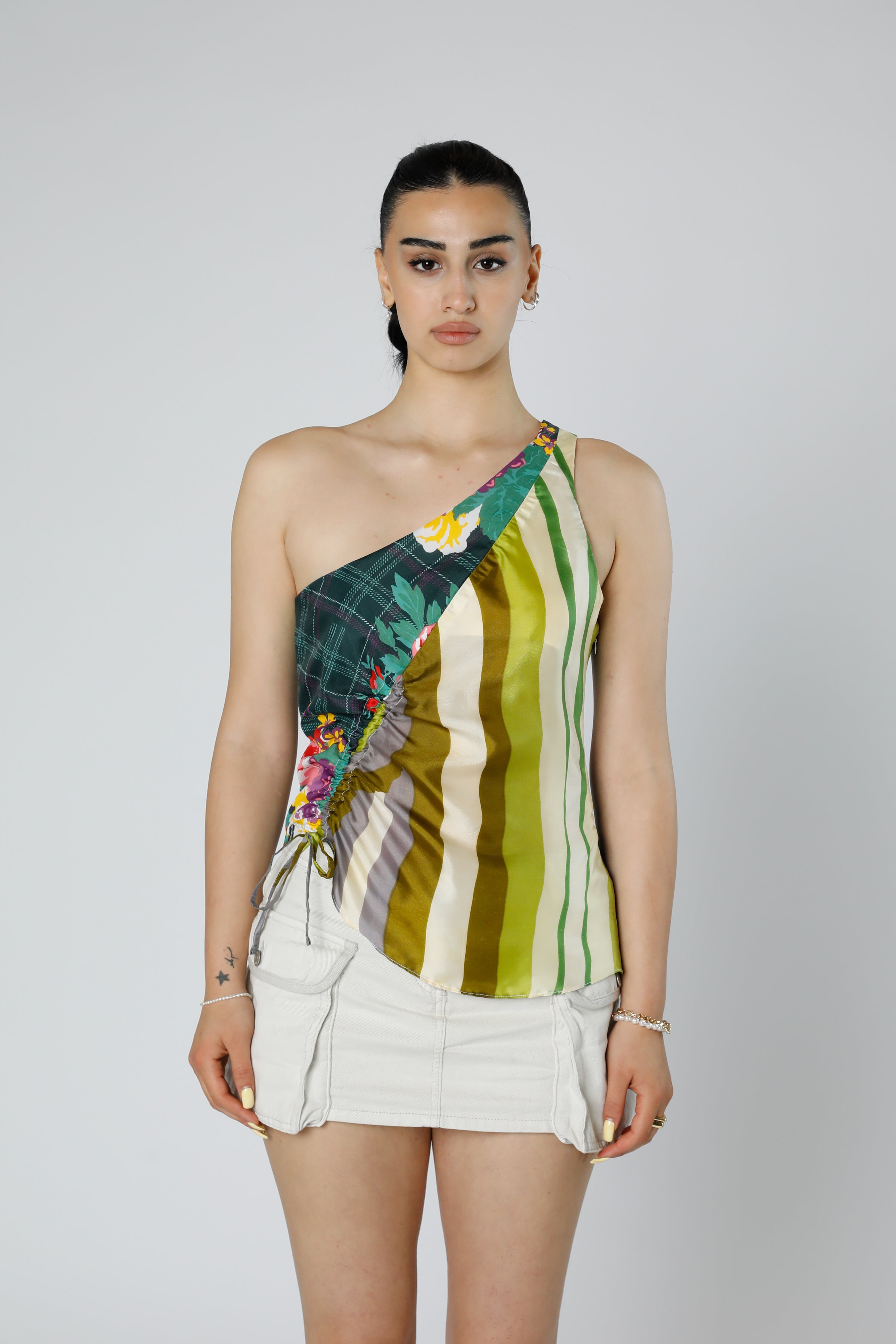 Rework Silk Scarf Ruche Tank - S-TOPS-vendor-unknown-S-Frankie Collective Rare Vintage Streetwear Reworks