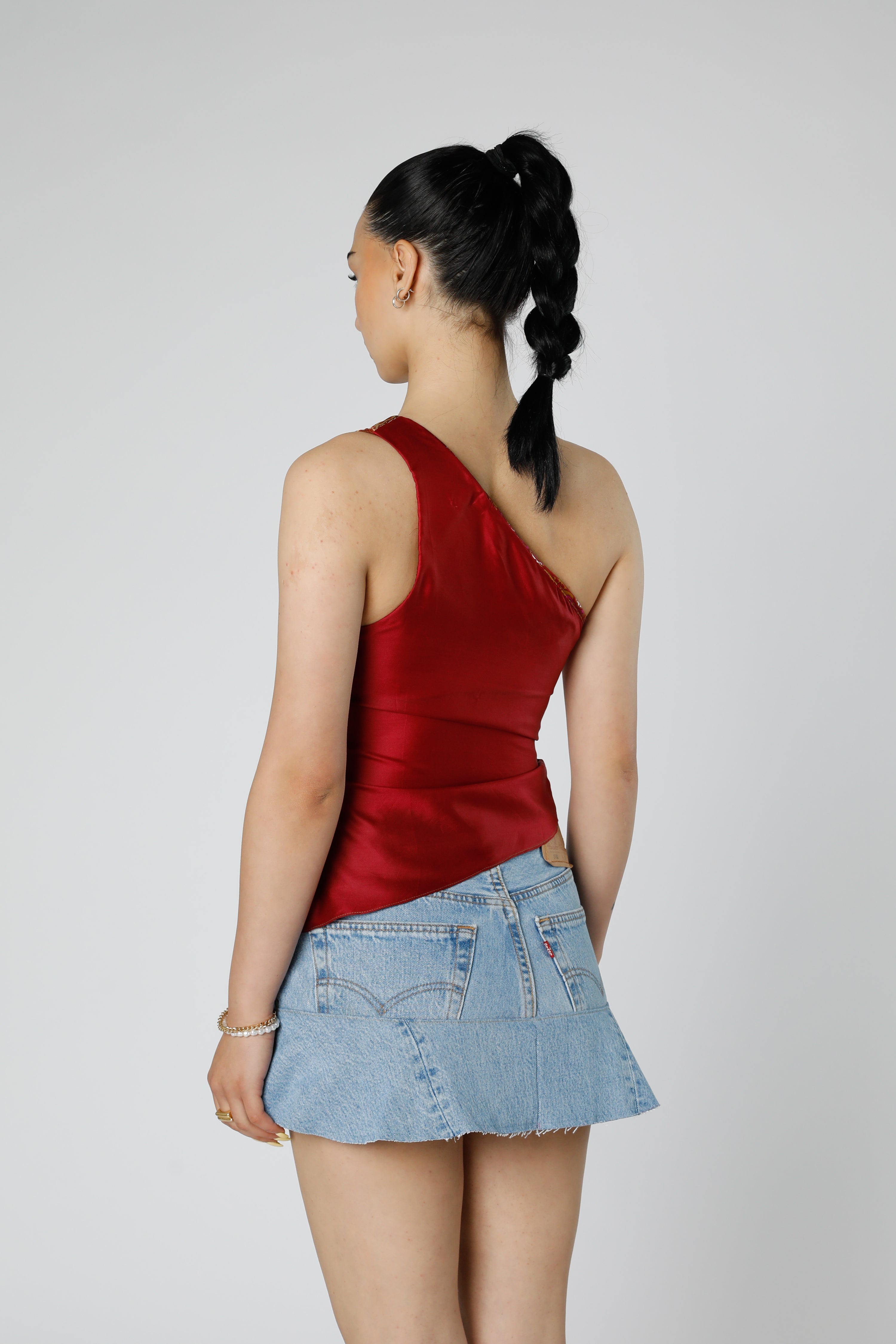 Rework Silk Scarf Ruche Tank - XS-TOPS-vendor-unknown-XS-Frankie Collective Rare Vintage Streetwear Reworks