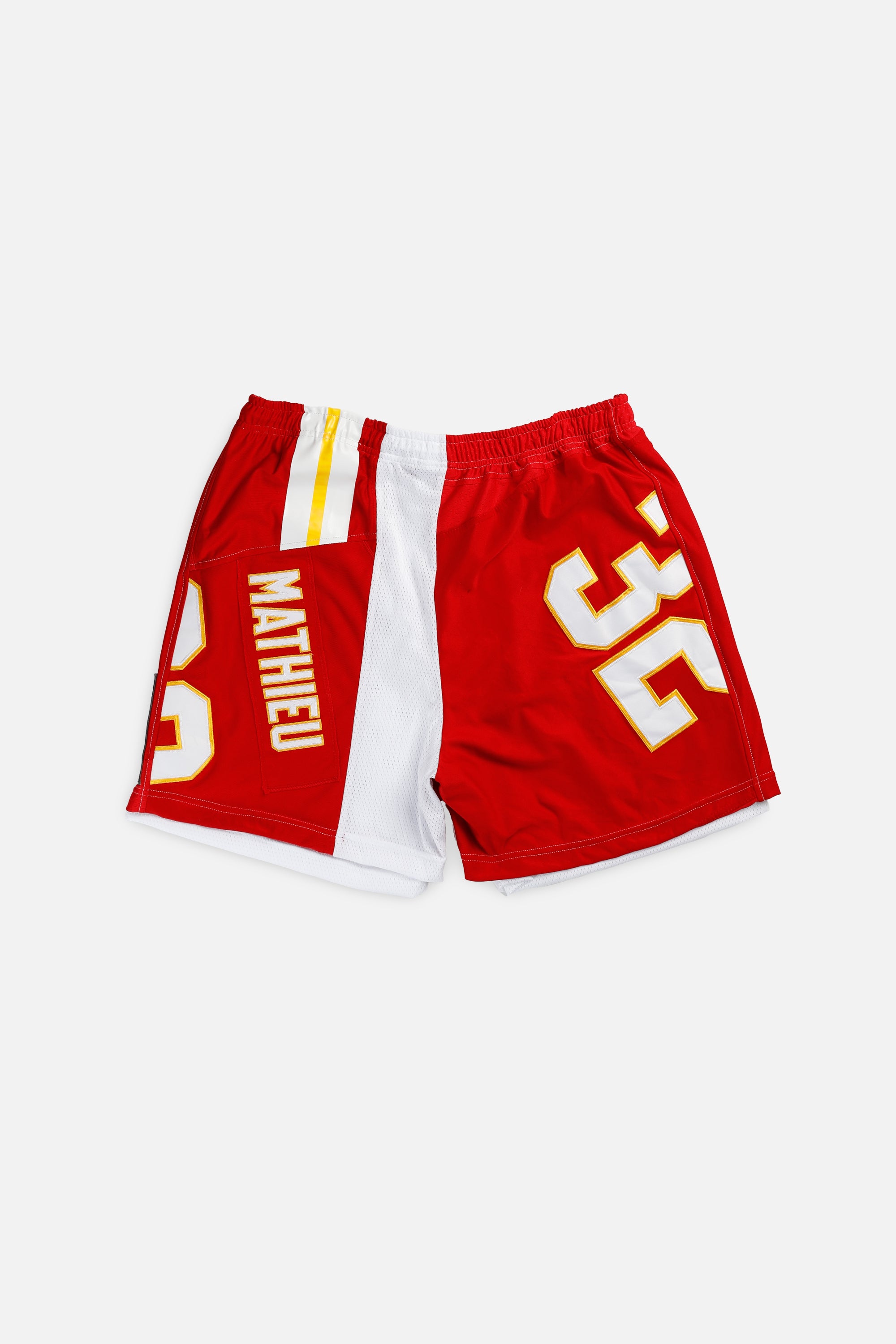 Unisex Rework Kansas City Chiefs NFL Jersey Shorts - XXL-BOTTOMS-NFL-Women's XXL - Men's XL-Frankie Collective Rare Vintage Streetwear Reworks