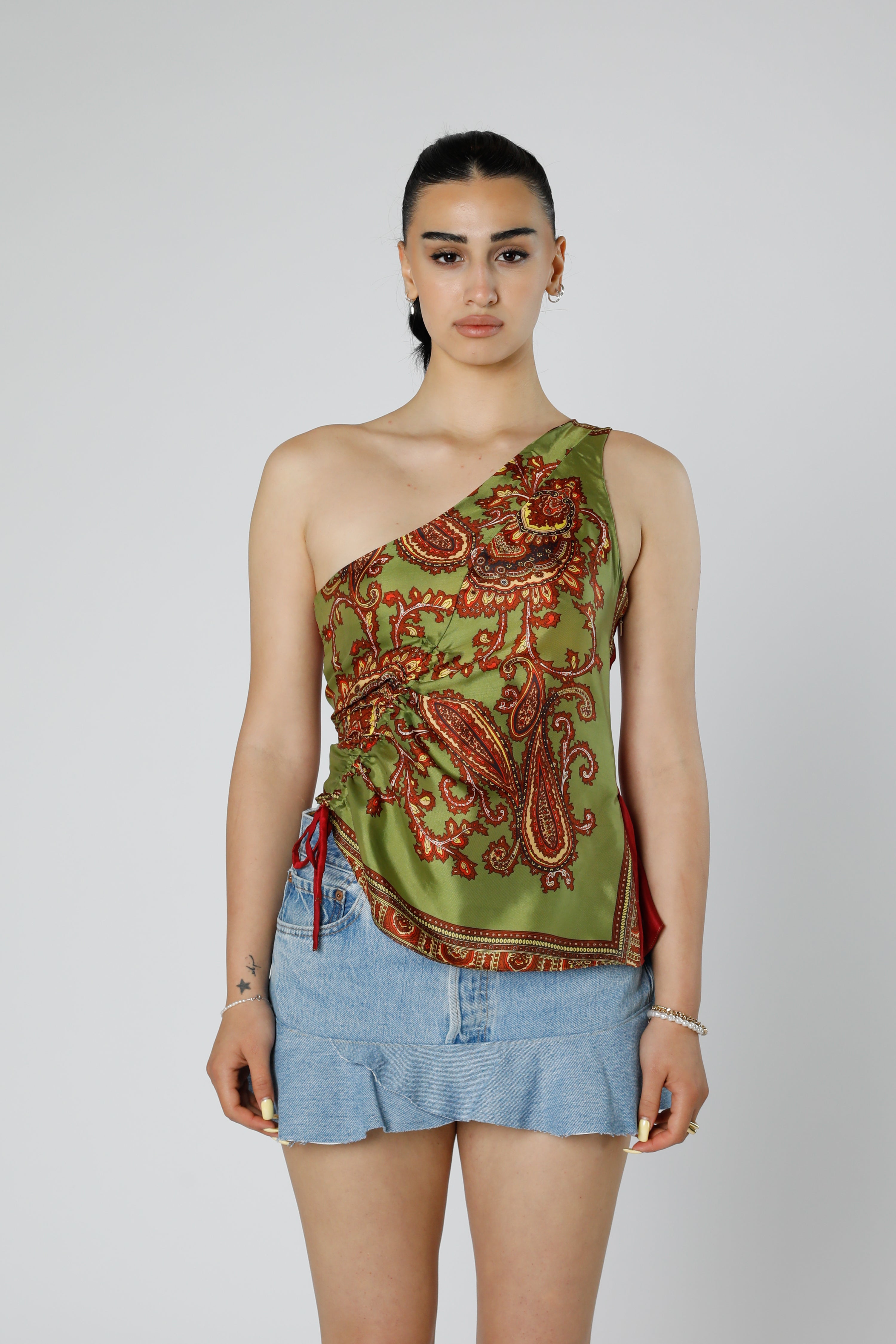Rework Silk Scarf Ruche Tank - XS-TOPS-vendor-unknown-XS-Frankie Collective Rare Vintage Streetwear Reworks