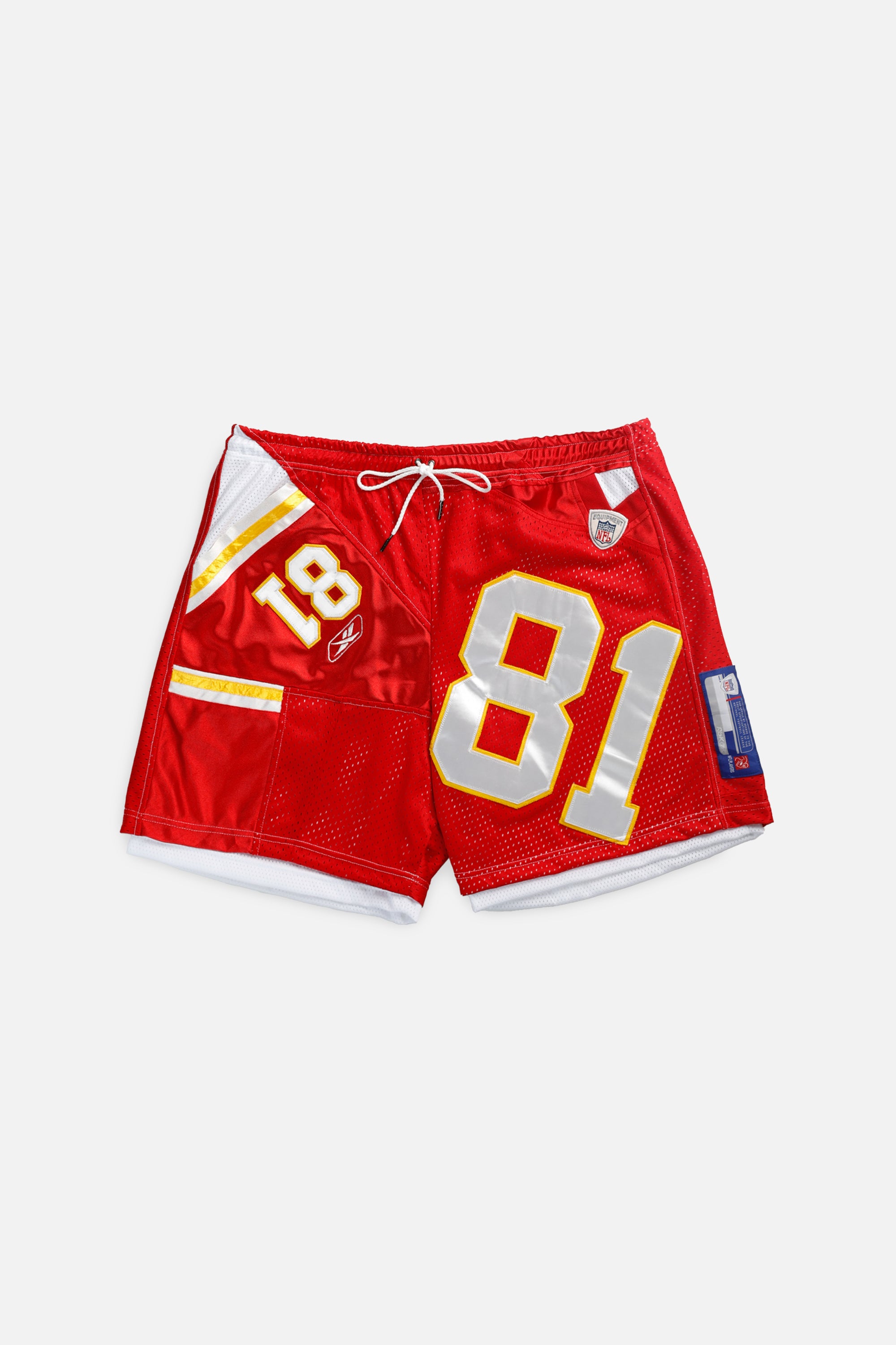 Unisex Rework Kansas City Chiefs NFL Jersey Shorts - XXL-BOTTOMS-NFL-Women's XXL - Men's XL-Frankie Collective Rare Vintage Streetwear Reworks